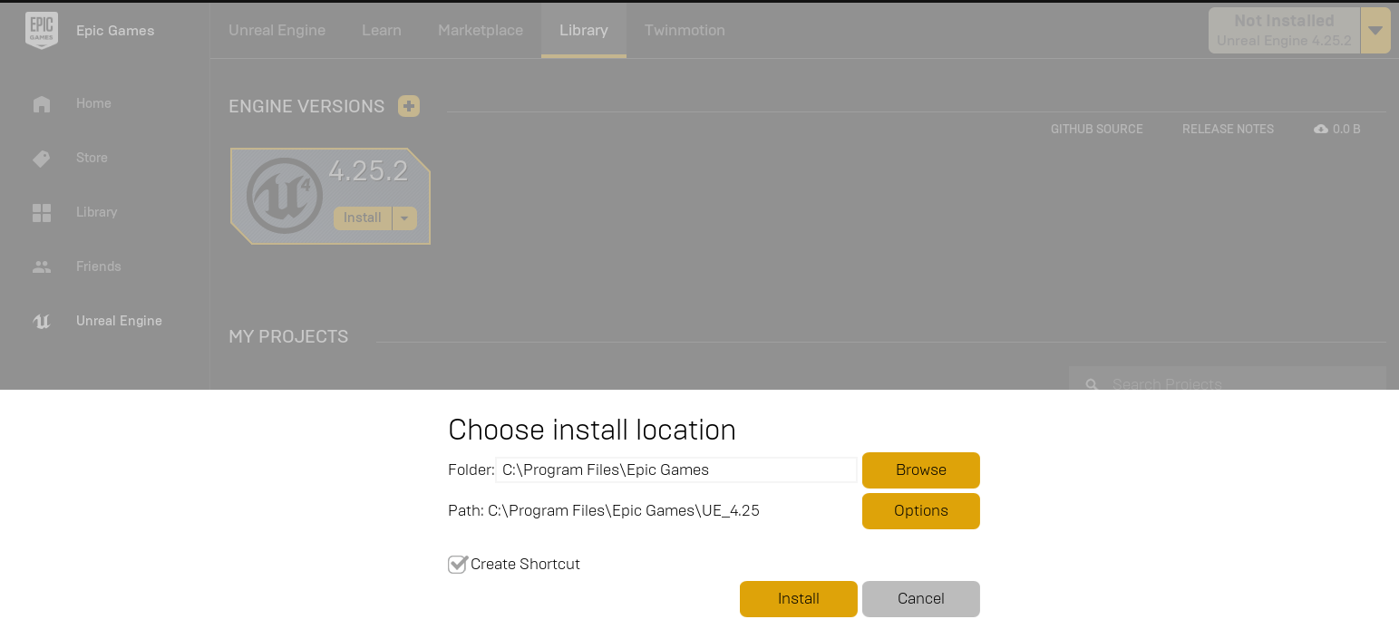 Unreal Engine Install Location UI Screenshot