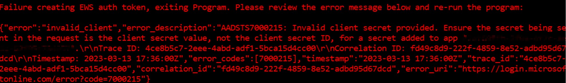 Invalid client secret provided screenshot