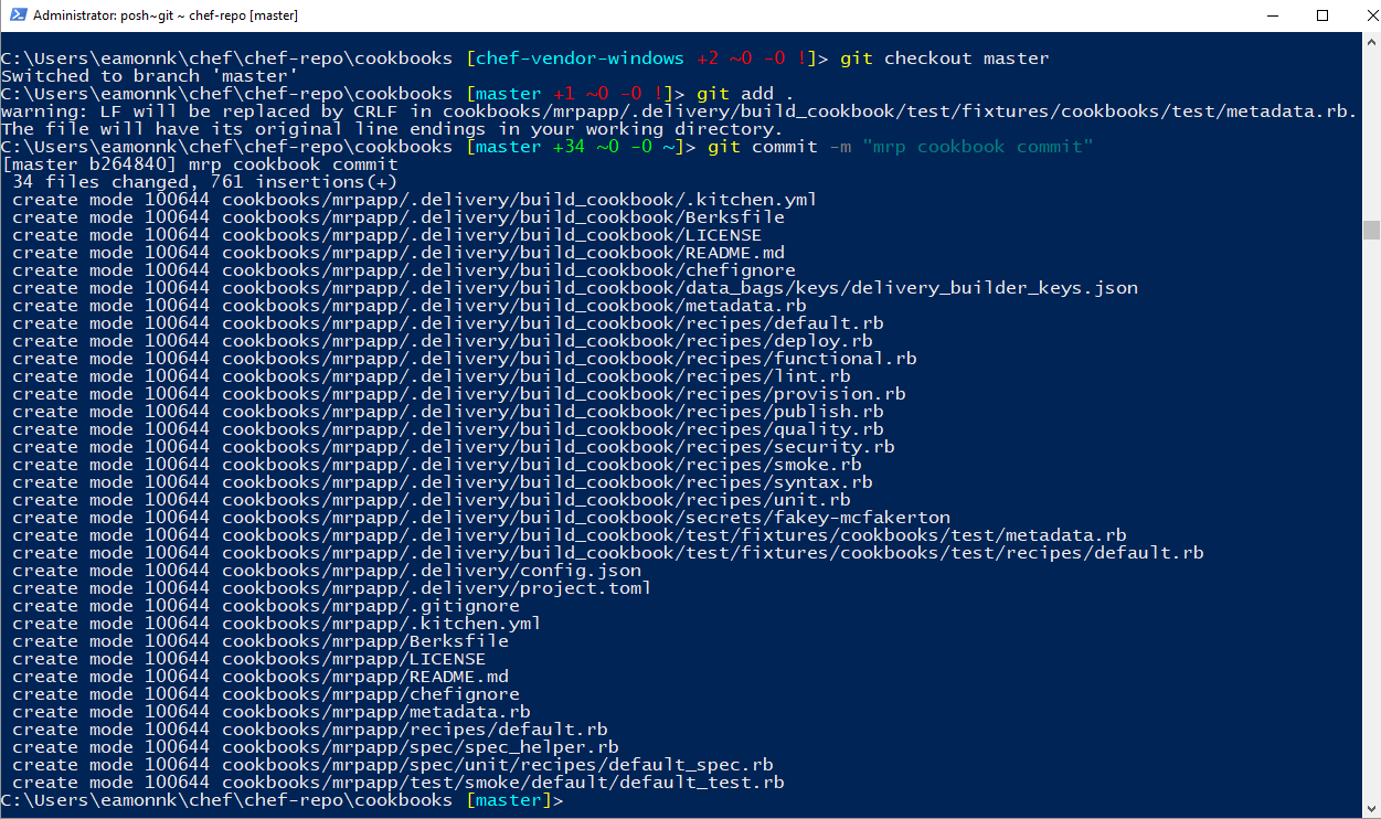 Screenshot of a PowerShell window. The Git add and Git commit commands to add the newly added Chef files have been run successfully. The Git commands and their outputs are shown to illustrate how to run the commands in PowerShell.