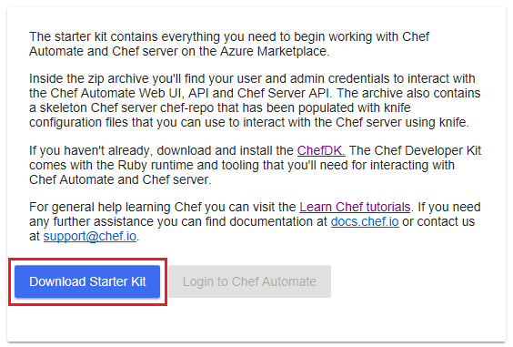 Screenshot of the Download Chef Starter Kit web page. The download Chef Starter Kit is highlighted to indicate that selecting the button is required to download Chef Starter Kit.