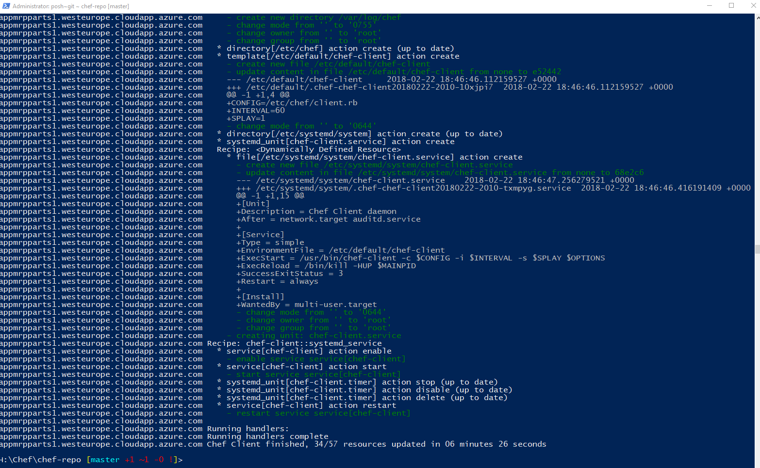 Screenshot of a PowerShell window. The knife bootstrap command has run successfully. The knife command and its output are shown to illustrate how to run the bootstrap command in PowerShell.