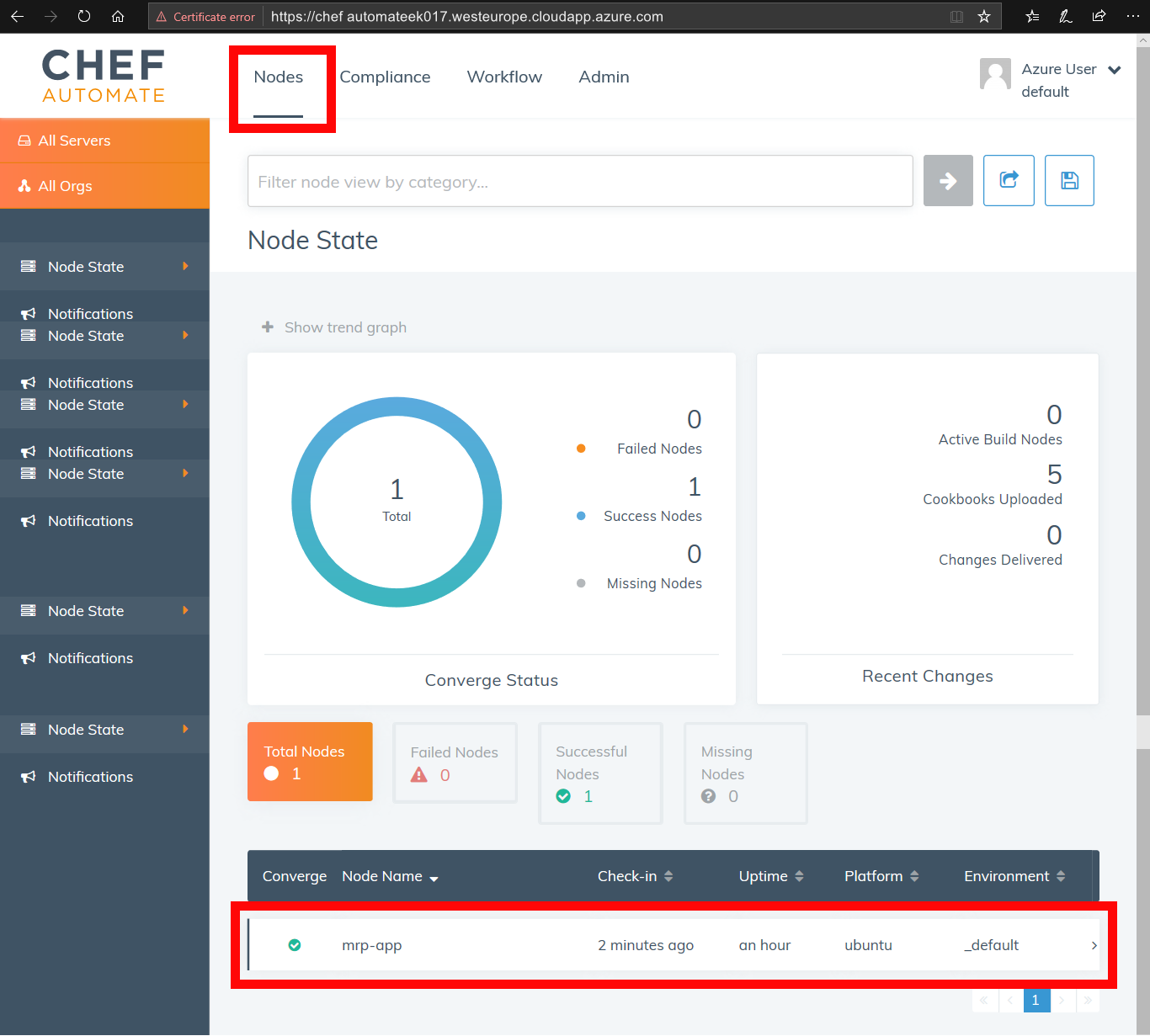 Screenshot of the Chef Automate Dashboard inside a web browser. The Node tab and mrp-app node are highlighted to illustrate how to access these areas from the Chef dashboard, in order to verify their details.