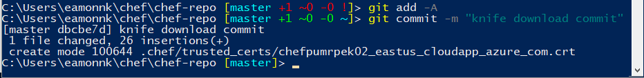 Screenshot of a PowerShell window. The Git add all and Git commit commands have been run successfully. The commands and their outputs are shown to illustrate how to run the commands in PowerShell.