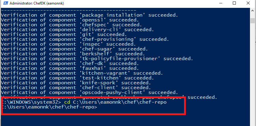 Screenshot of a PowerShell window. The cursor is pointing to the chef-repo directory. The command used to change into the directory os highlighted to illustrate how to issue the command in PowerShell to change into the chef-repo directory.