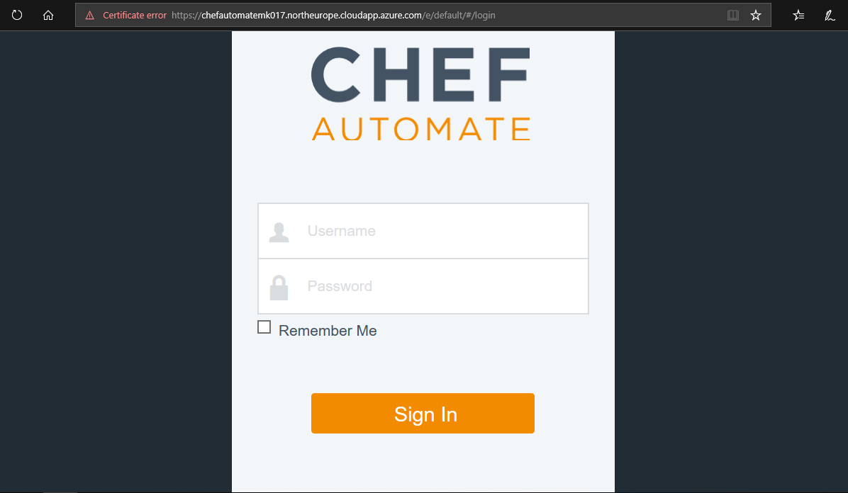 Screenshot of the Chef Automate login prompt inside the Microsoft Edge web browser. The screenshot illustrates the Chef Automate login prompt that will be shown when accessing the DNS name URL for the Chef Automate VM.