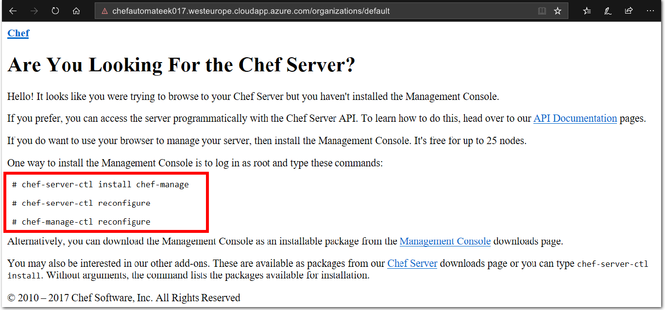 Screenshot of the Howto install Chef Management Console webpage, inside a web browser. The Linux commands for installing the Chef Management Console from a bash terminal are highlighted, to illustrate how to locate the instructions for installing the Chef Management Console on web page