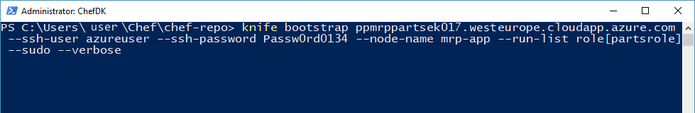 Screenshot of a PowerShell window. The knife bootstrap command is running. The knife command is shown with the sample FQDN-for-MRP-App-VM, username and password values to illustrate how to run the bootstrap command in PowerShell.