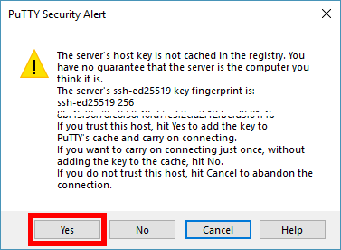 Screenshot of a Security Alert massage in PuTTy. The message indicates that PuTTy is requesting to add the Chef Automate VM server's host key in the local machine's registry, and is requesting user action. The Yes button response is highlighted to illustrate how to affirm the request in PuTTy. 