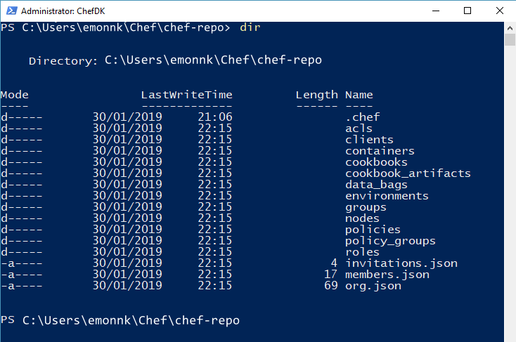 Screenshot of a PowerShell window. The dir command has run and now many directories are listed under the chef-repo directory. The output of the dir command is shown to illustrate how there are more files inside the Chef repo after running knife download command in PowerShell.