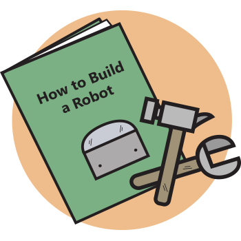 Picture of a book 'How to build a Robot' with tools