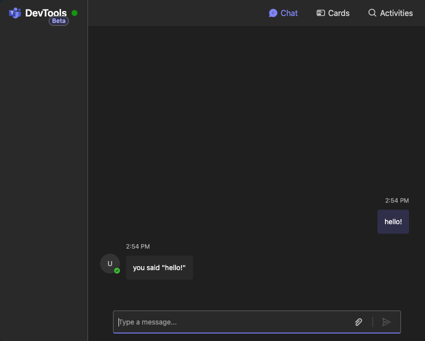 Screenshot of DevTools showing user prompt 'hello!' and agent response 'you said hello!'.