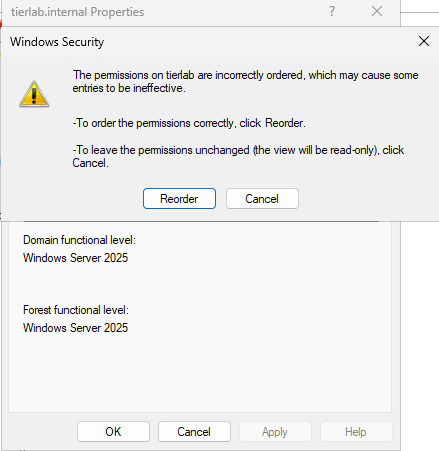 Windows Security warning: permissions on the domain are incorrectly ordered, with Reorder and Cancel buttons