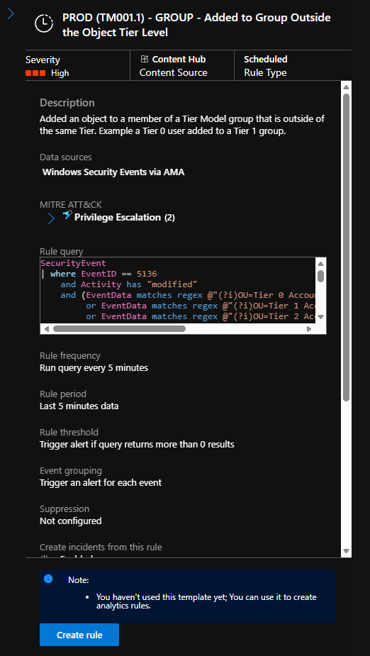 Analytic rule template — Create rule