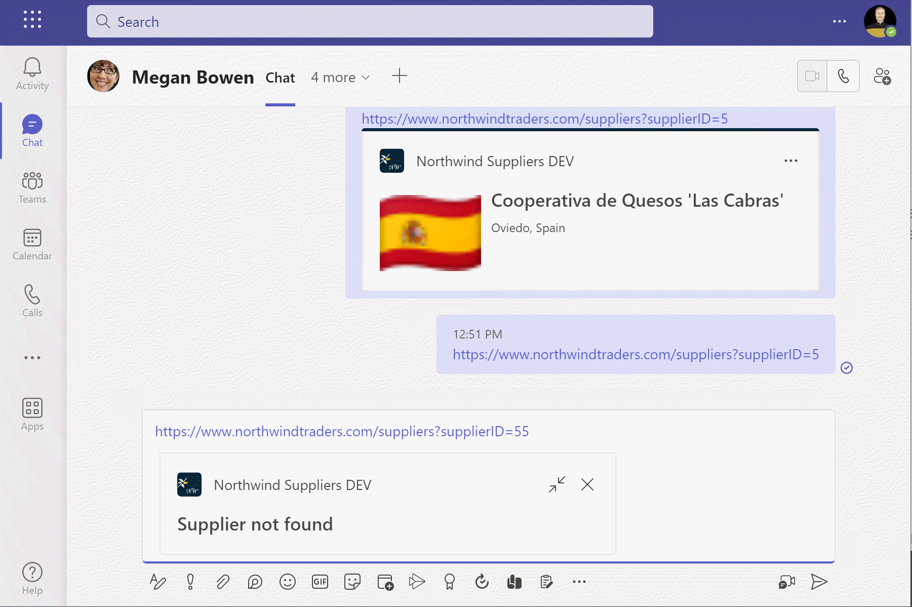 Link has been pasted into the message area and a card is displayed with an error that the supplier does not exist