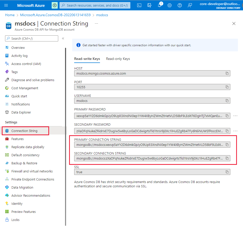 Azure Cosmos DB connection string