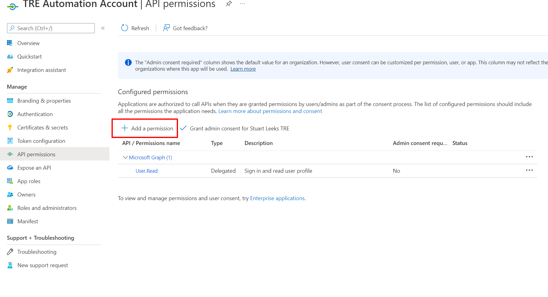 Screenshot of Azure portal showing "Add a permission"