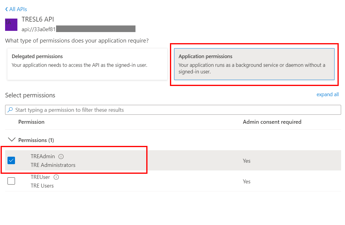 Screenshot of Azure portal showing adding TRE Admin permission