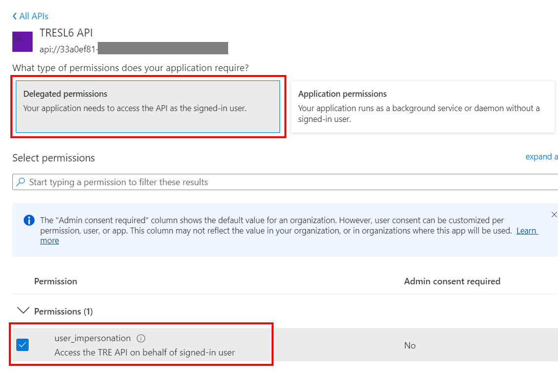 Screenshot of Azure portal showing adding user_impersonation permission