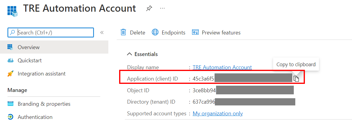 Screenshot of Azure portal showing application ID to copy