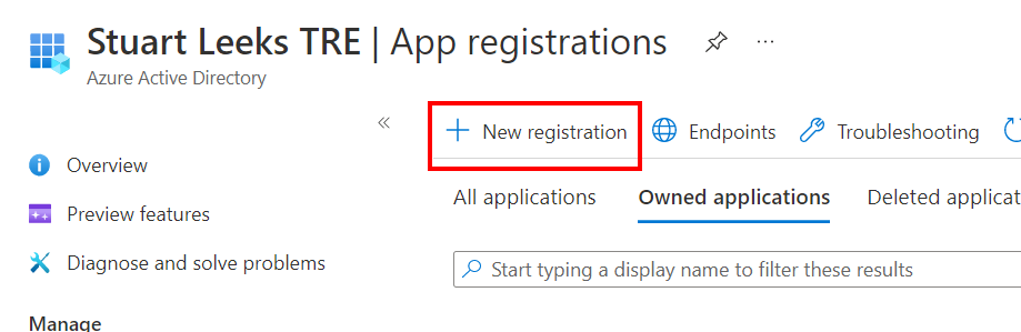 Screenshot of Azure portal showing "New registration" in Azure Active Directory