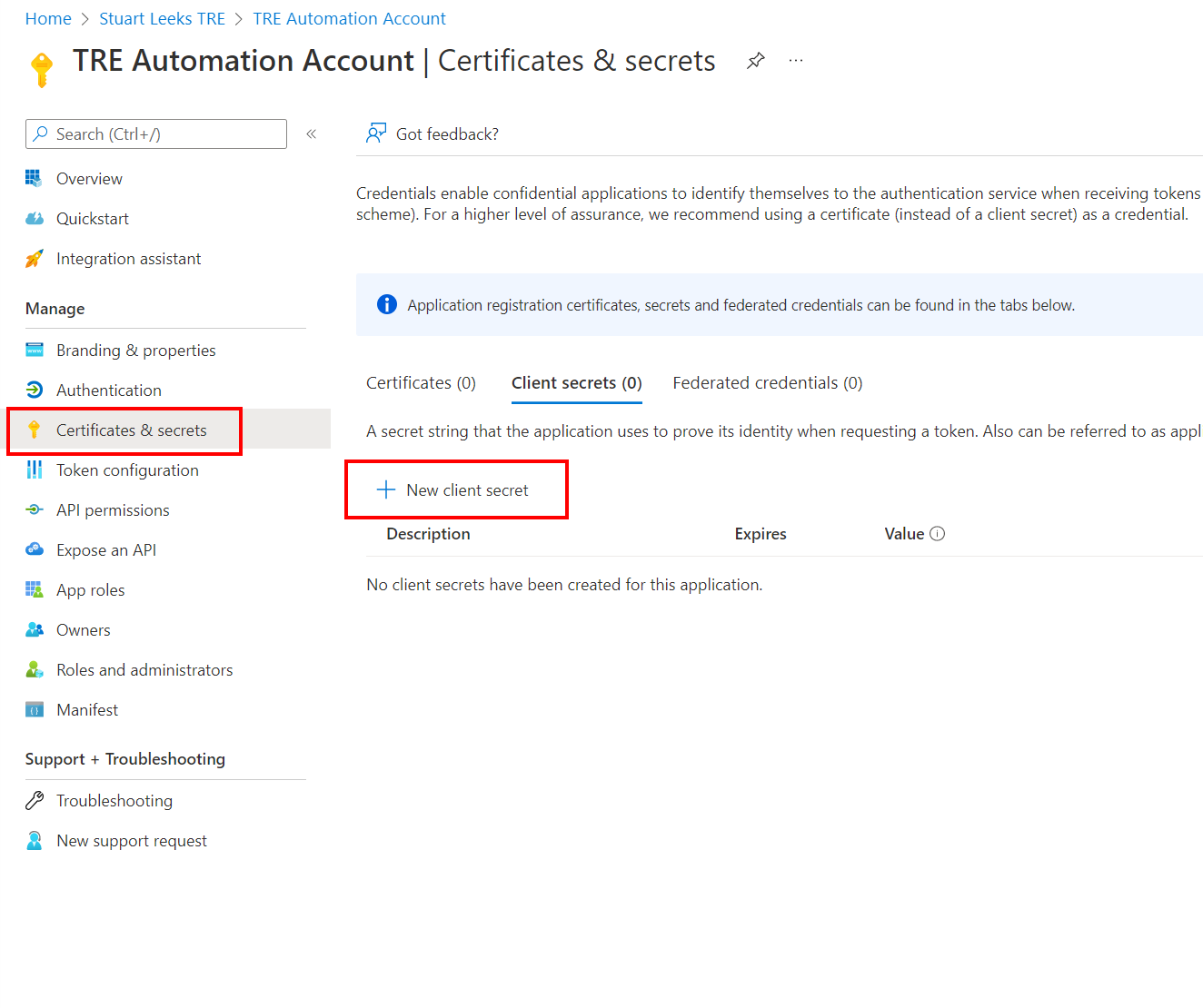 Screenshot of Azure portal showing "New client secret"