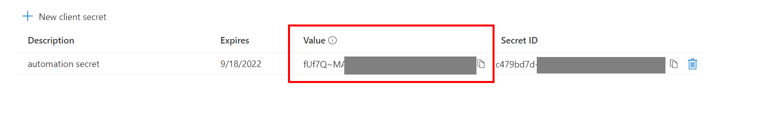 Screenshot of Azure portal showing client secret value to copy