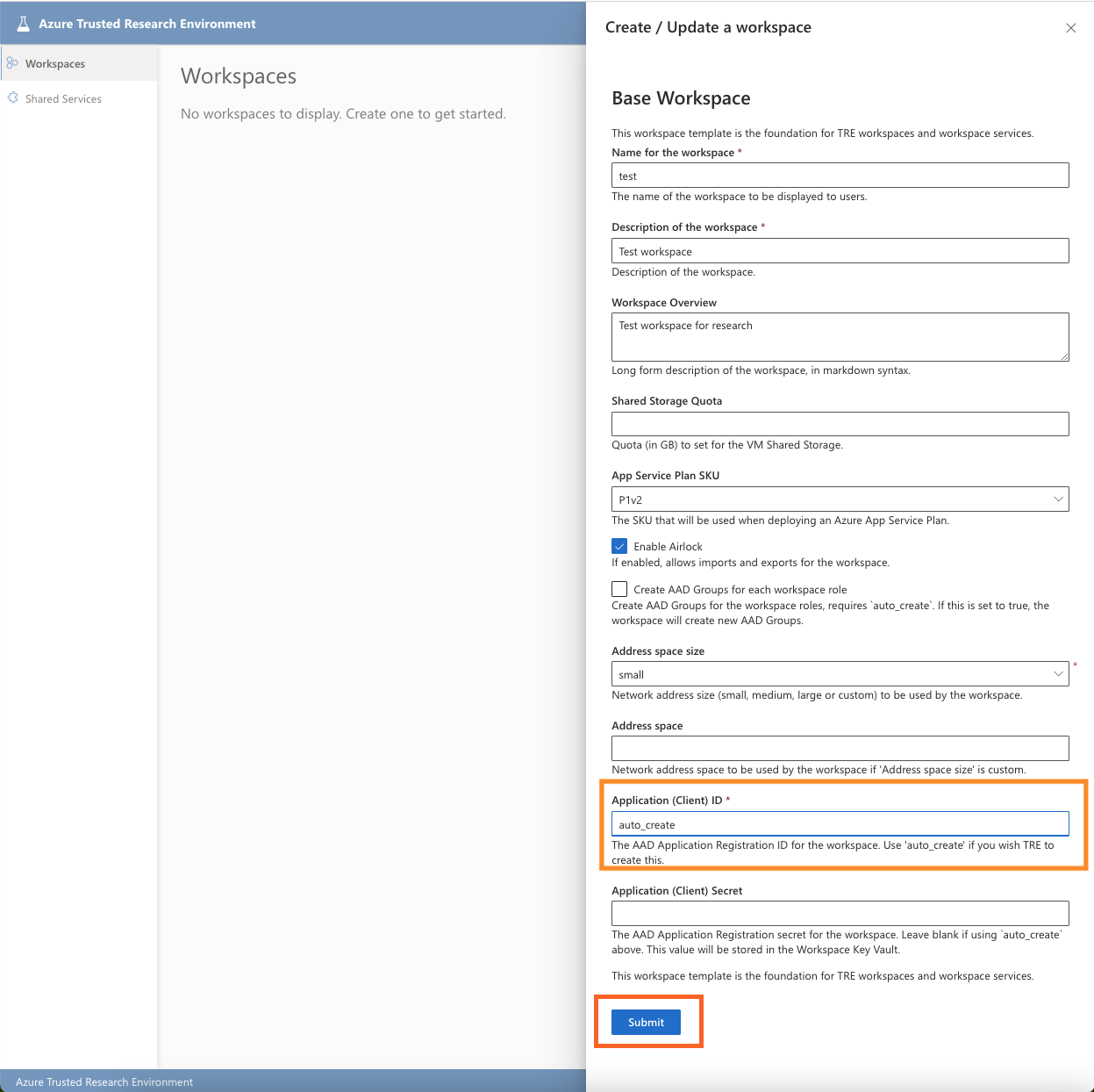 Create workspace - Fill Details