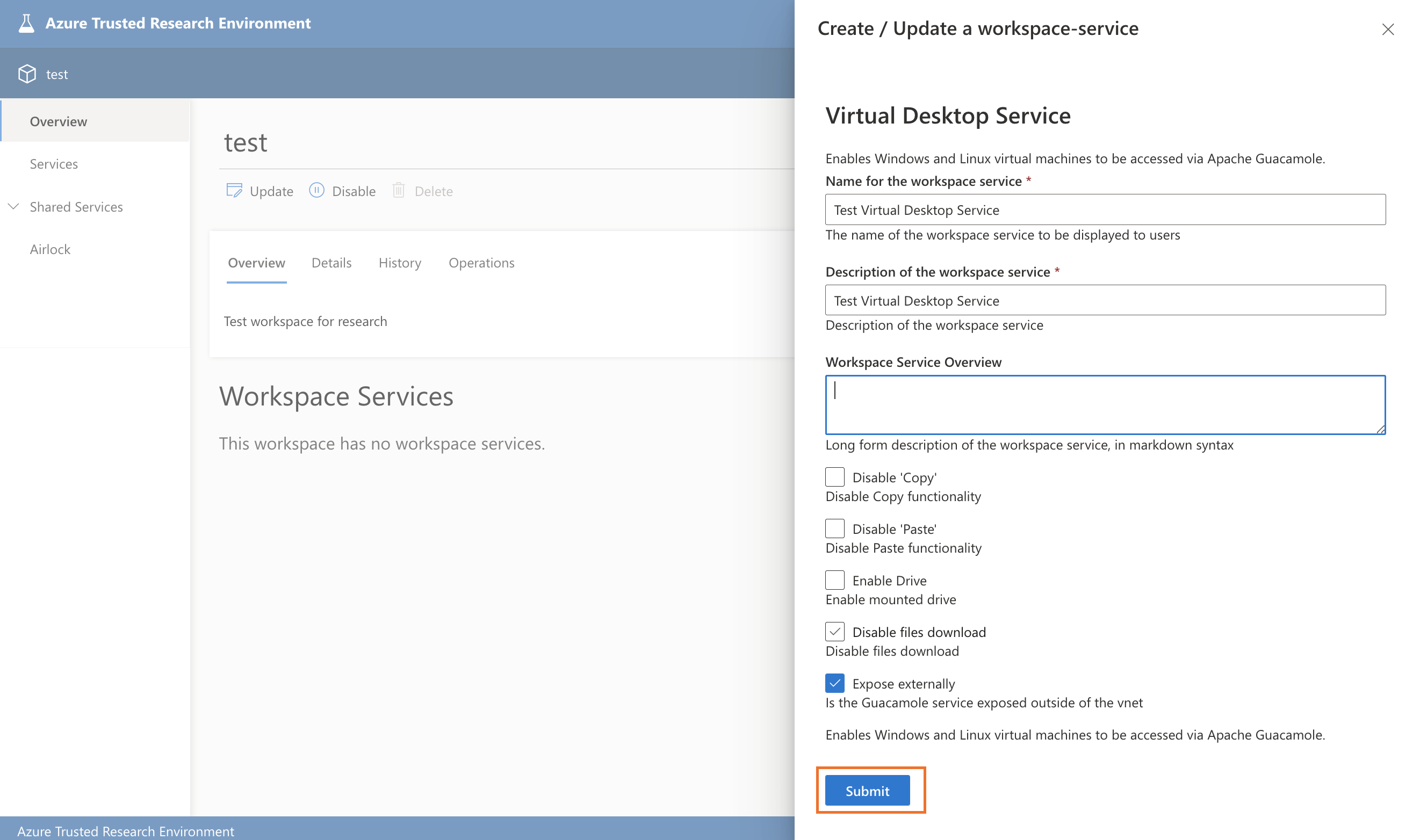 Fill Workspace Service Details