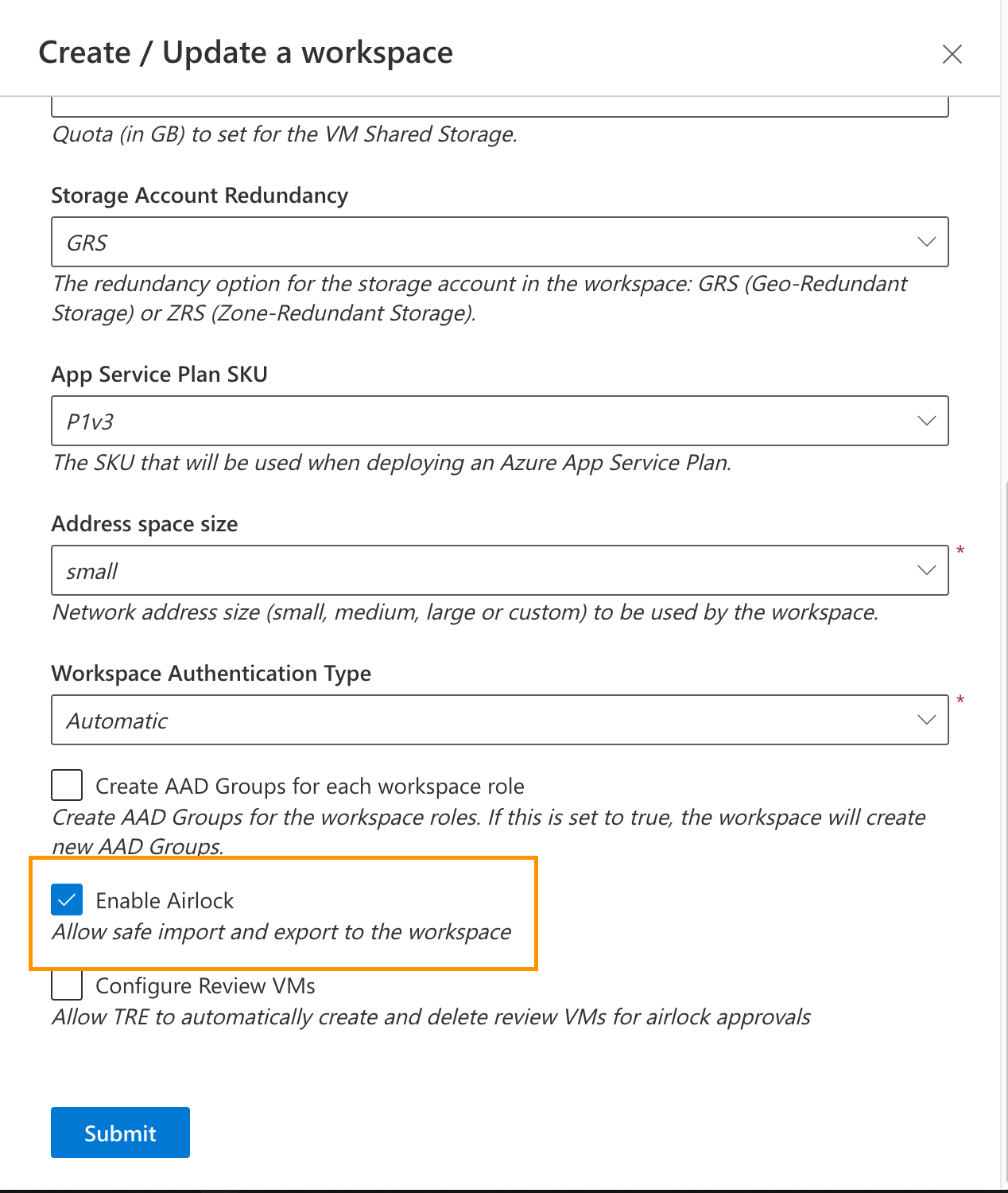 Enable airlock in workspace