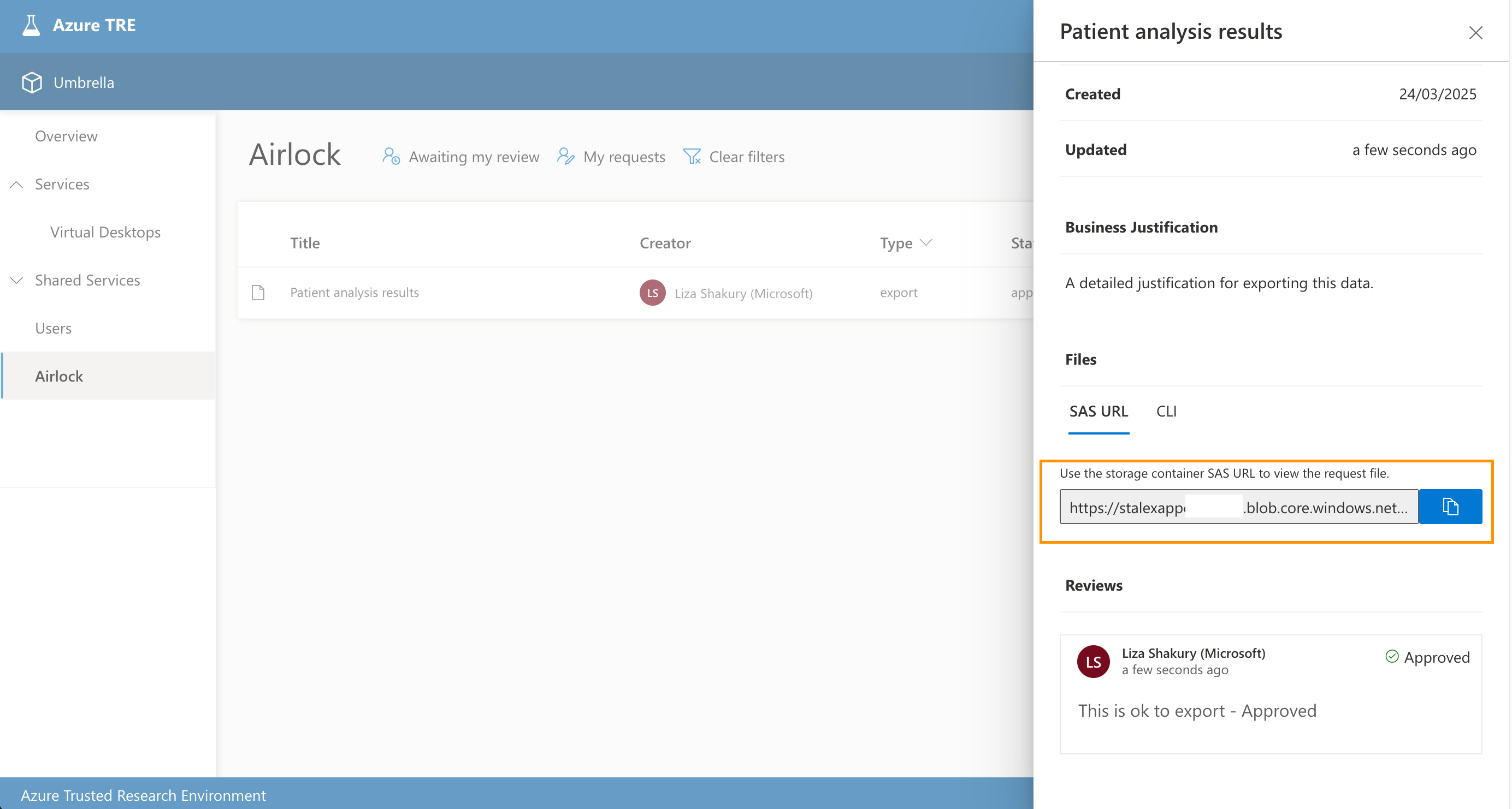 Get link for export approved request