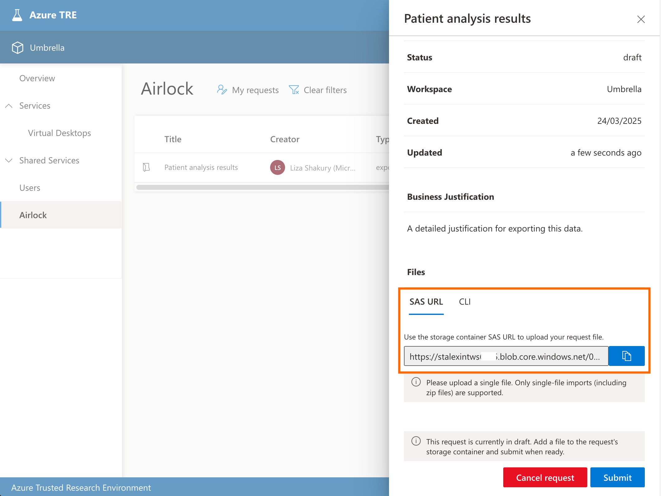 Generate SAS token for export request