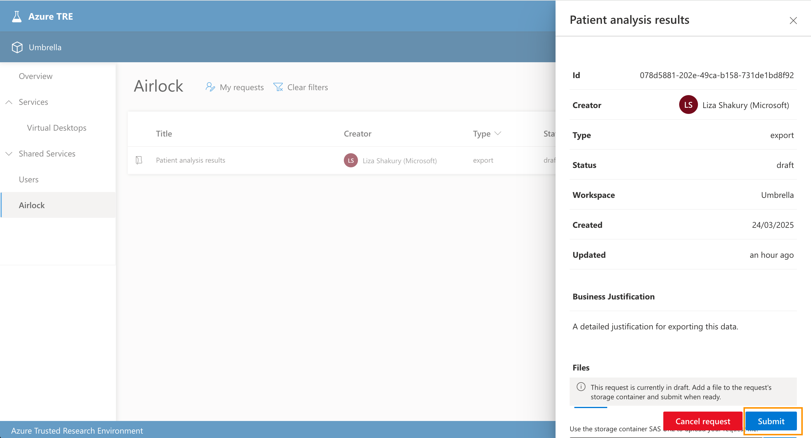 Submit export request