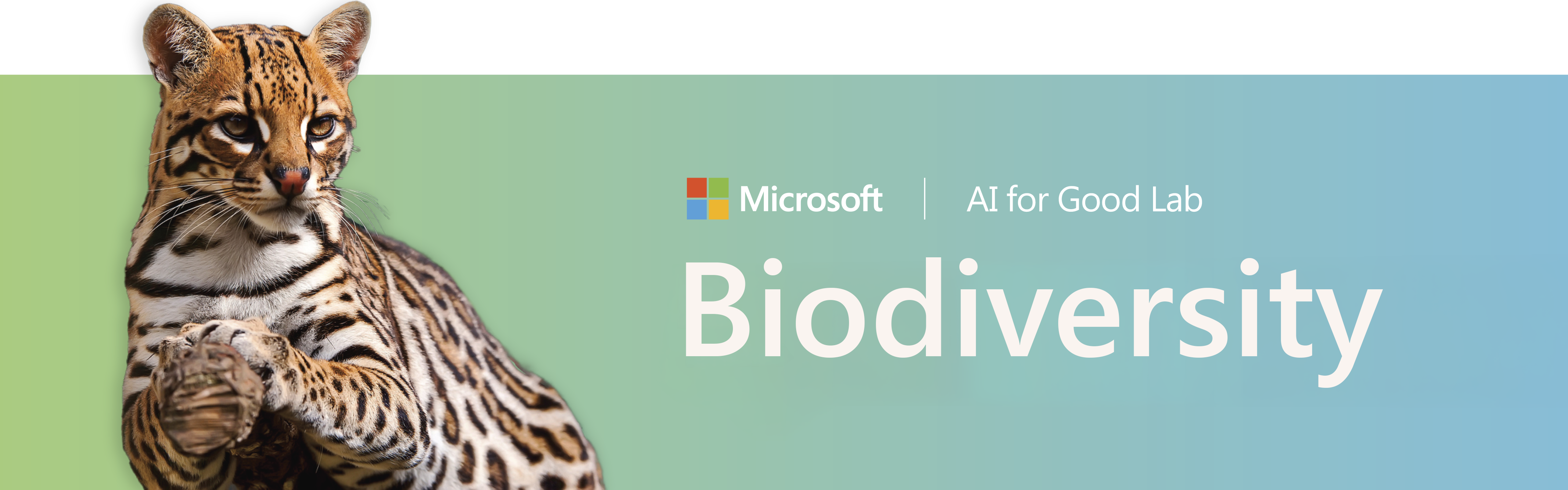 Microsoft Biodiversity banner showing wildlife monitored by AI across camera traps, bioacoustics, and aerial detection, powered by PyTorch-Wildlife and MegaDetector