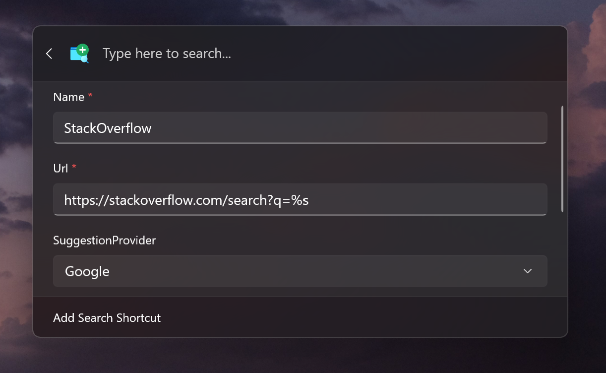 Web Search Shortcut interface screenshot 2 of 4