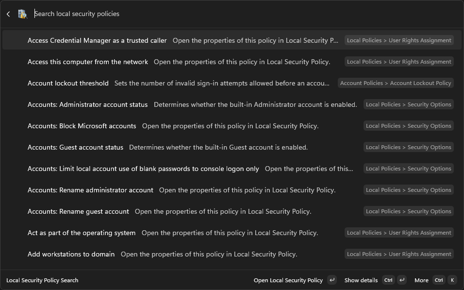 Local Security Policy Search interface screenshot 2 of 3