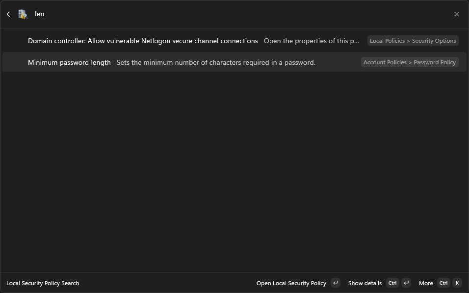 Local Security Policy Search interface screenshot 3 of 3