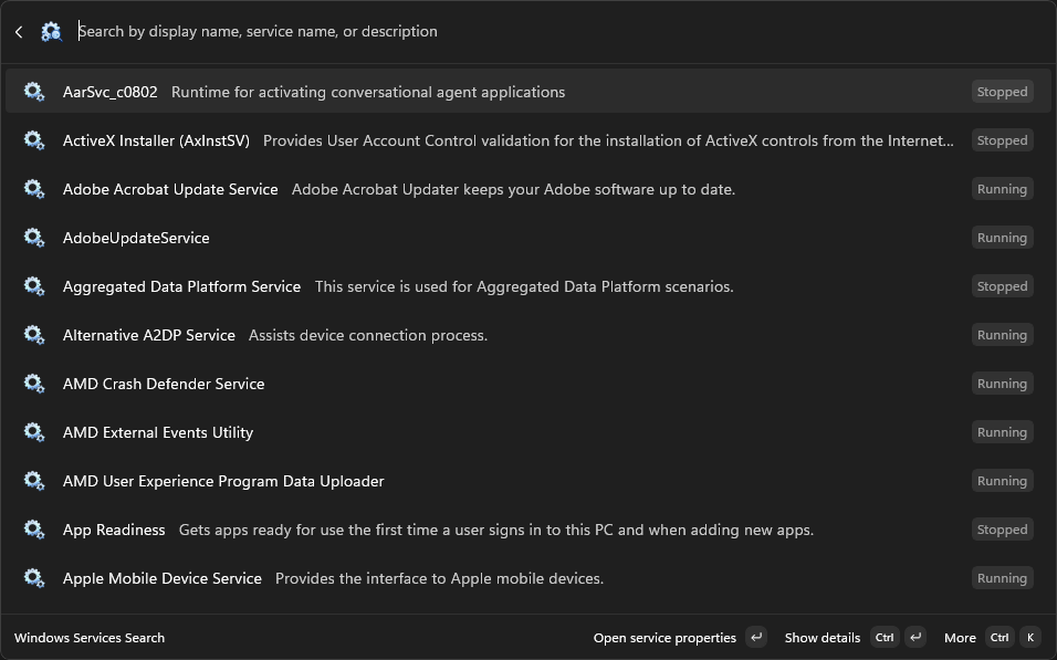 Services Search interface screenshot 2 of 3