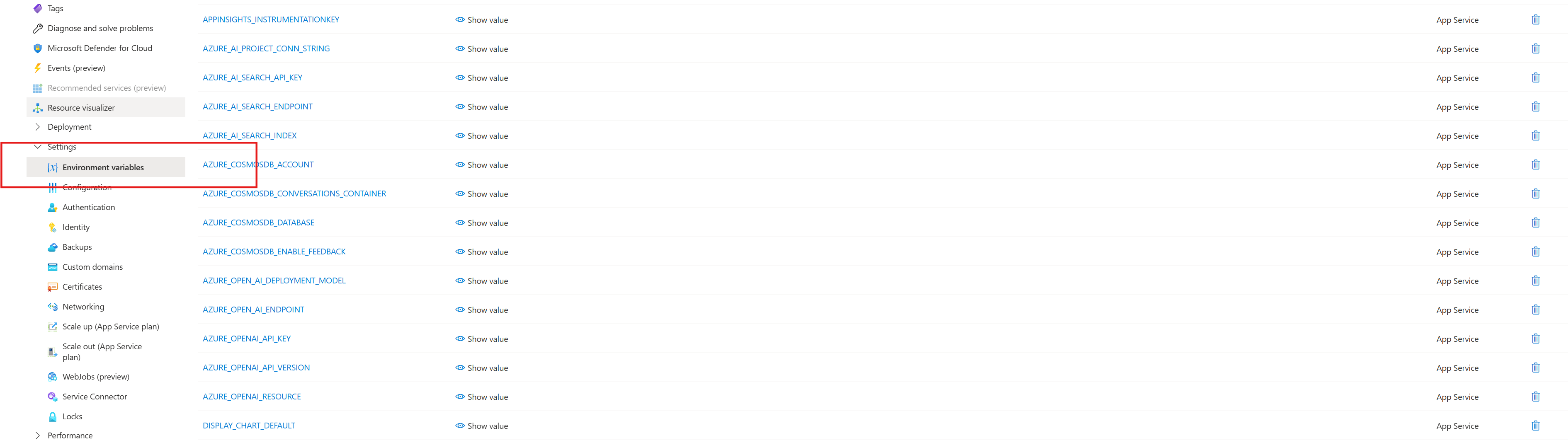Azure Portal Settings > Configuration