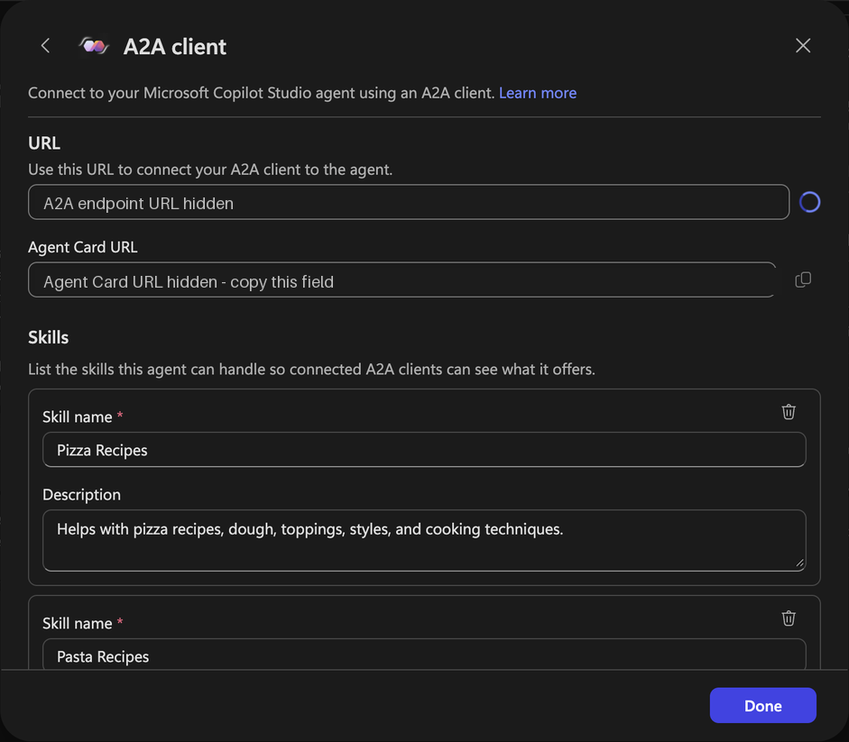 A2A client dialog with separate URL and Agent Card URL fields