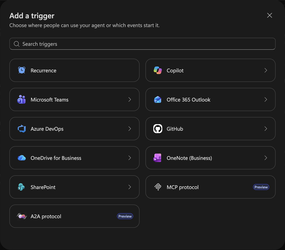 Add a trigger dialog showing MCP protocol and A2A protocol