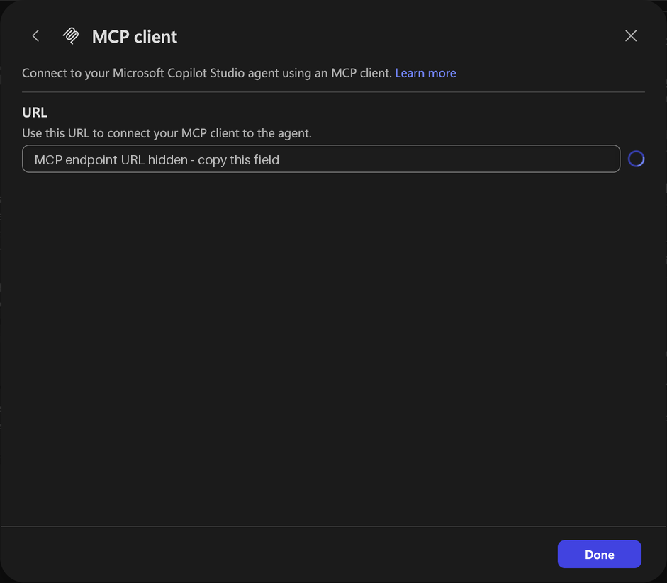 MCP client dialog with the URL field