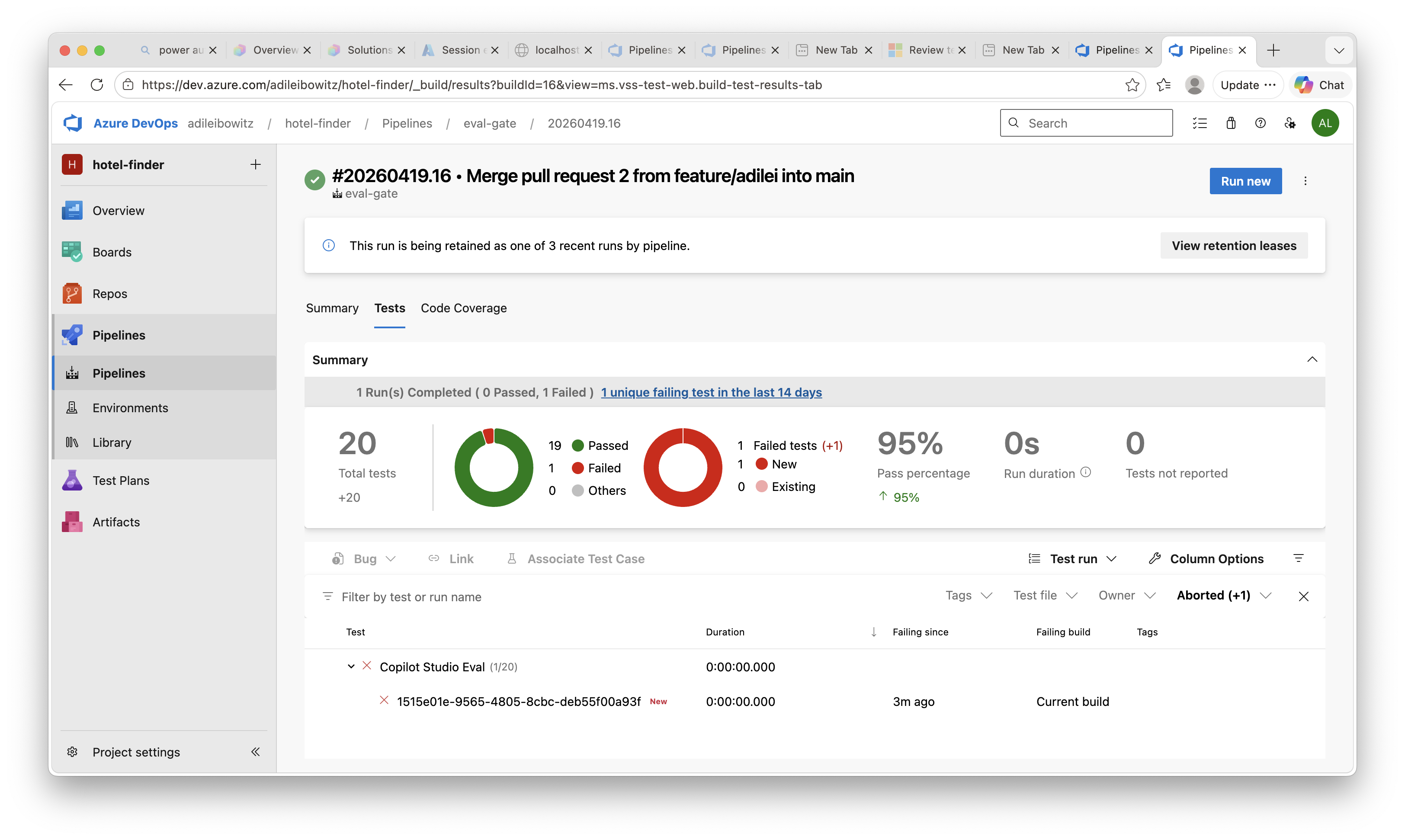 Tests tab showing eval results