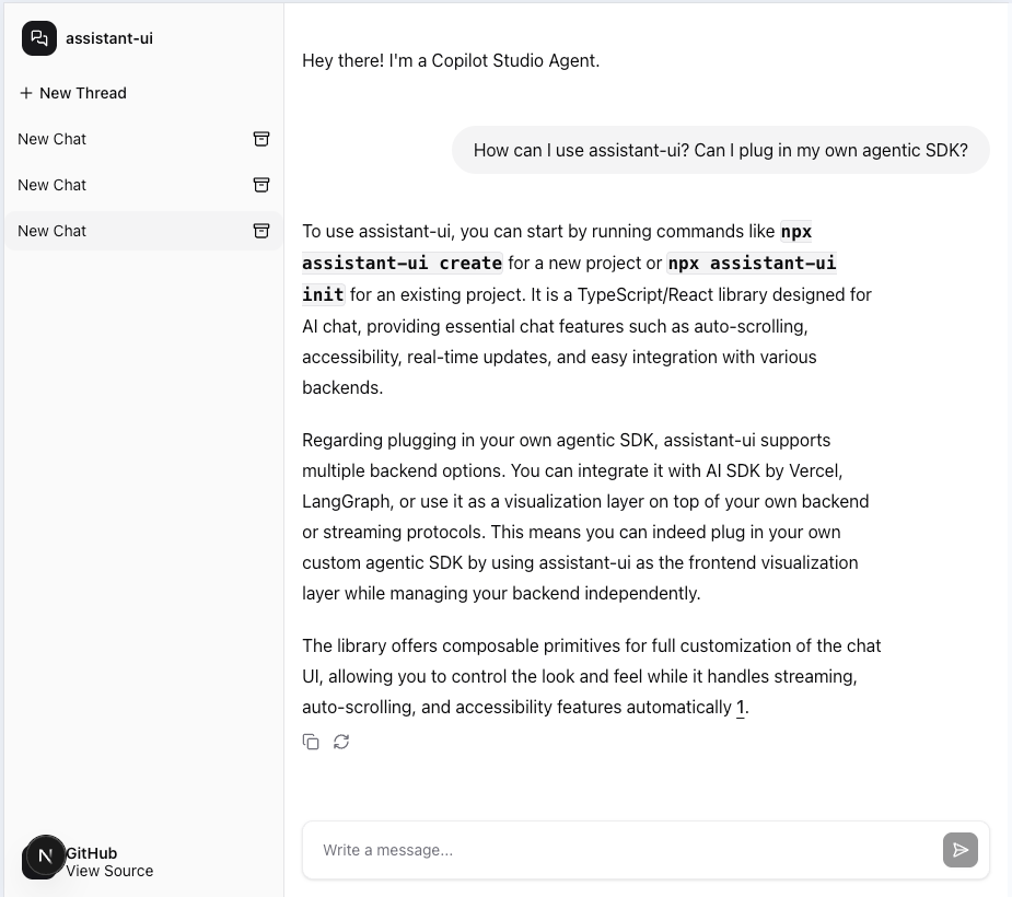 Screenshot of the Assistant UI with Copilot Studio