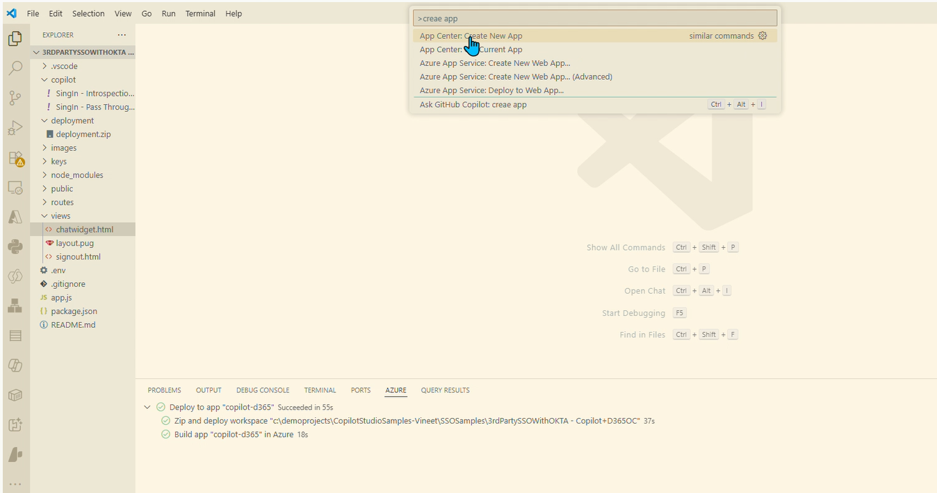 In Command Bar, select `AppCenter > Create New App`.