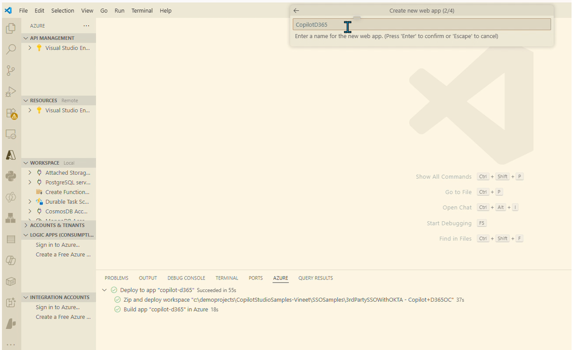 In Command Bar, enter the name of app and clict Enter.