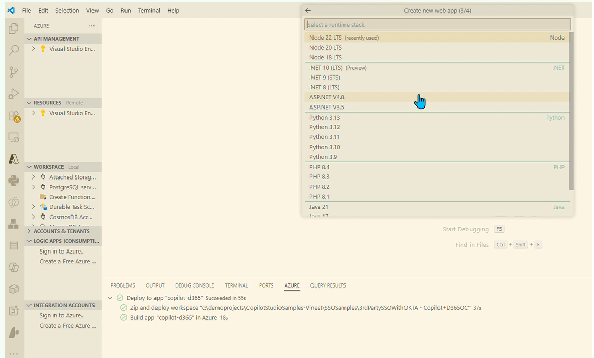 In Command Bar, select `Node 22 LTS` as runtime stack.