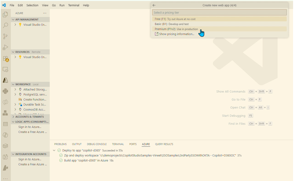 In Command Bar, select pricing tier.