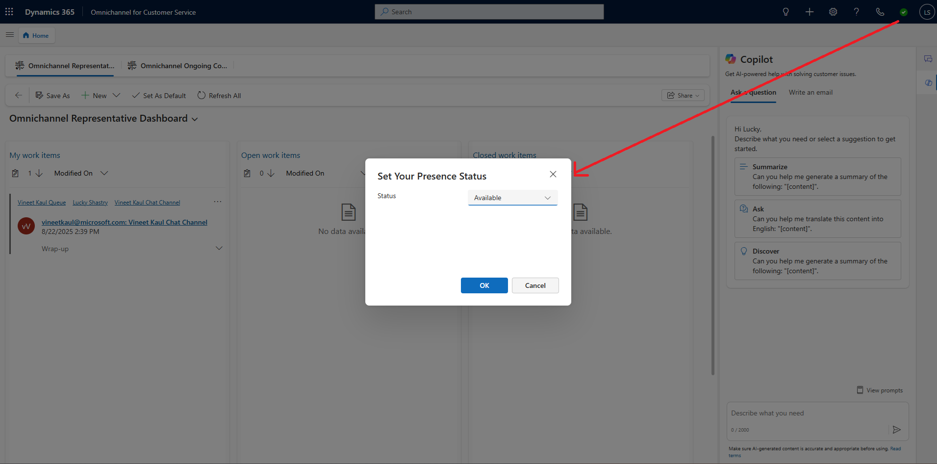 Type `i want to talk to an agent` in chat window to transfer chat to D365 Omnichannel.
