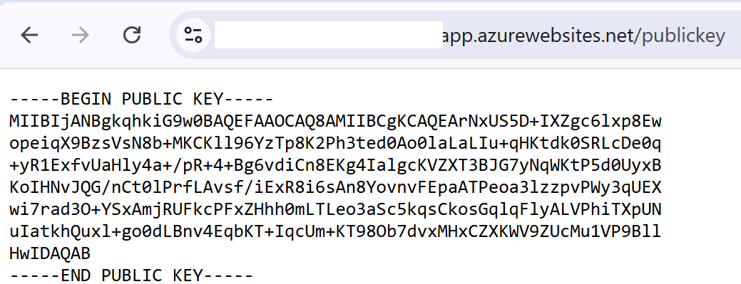 Open browser and type in URL `https://<Default 	domain>/publickey`. The browser should display public key definition.