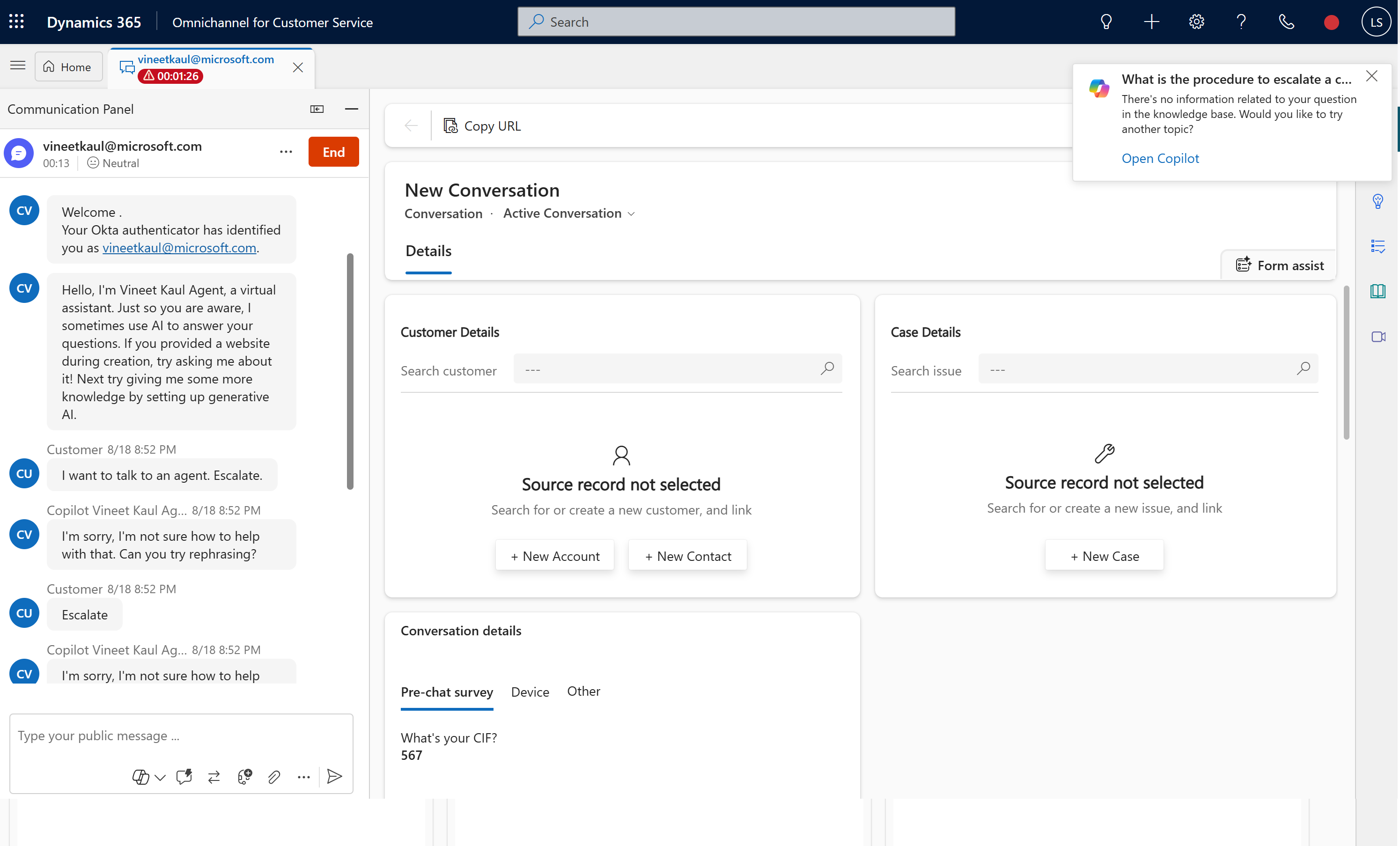 Click on accept button. Chat window opens up with Okta username for Copilot & D365 Omnichannel.